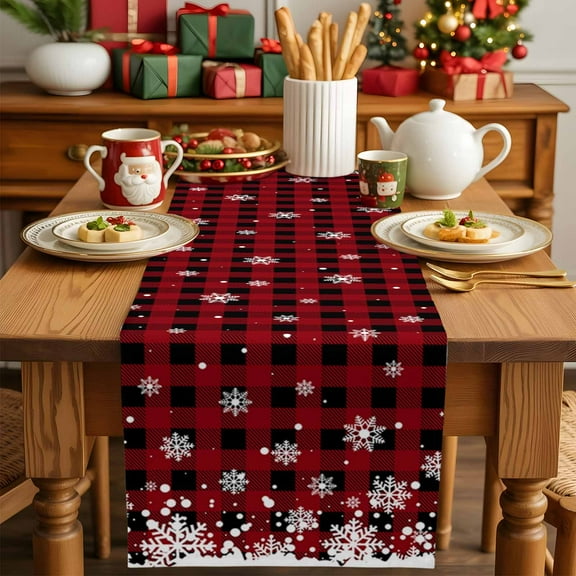 Christmas White Snowflake Table Runner Dresser Scarf,Kitchen Dining Table Decoration Red Black Buffalo Checkered Linen Table Runners for Home Wedding Indoor Outdoor Party,13x70in