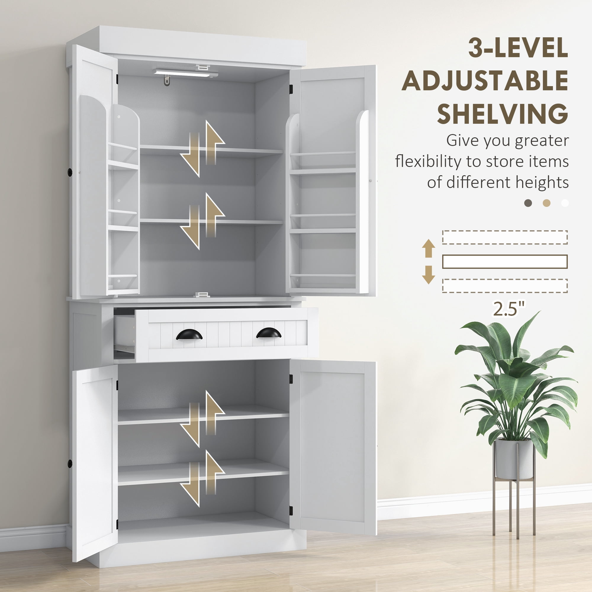 HOMCOM 71" Kitchen Pantry Cabinet with Large Storage and LED Lights, White