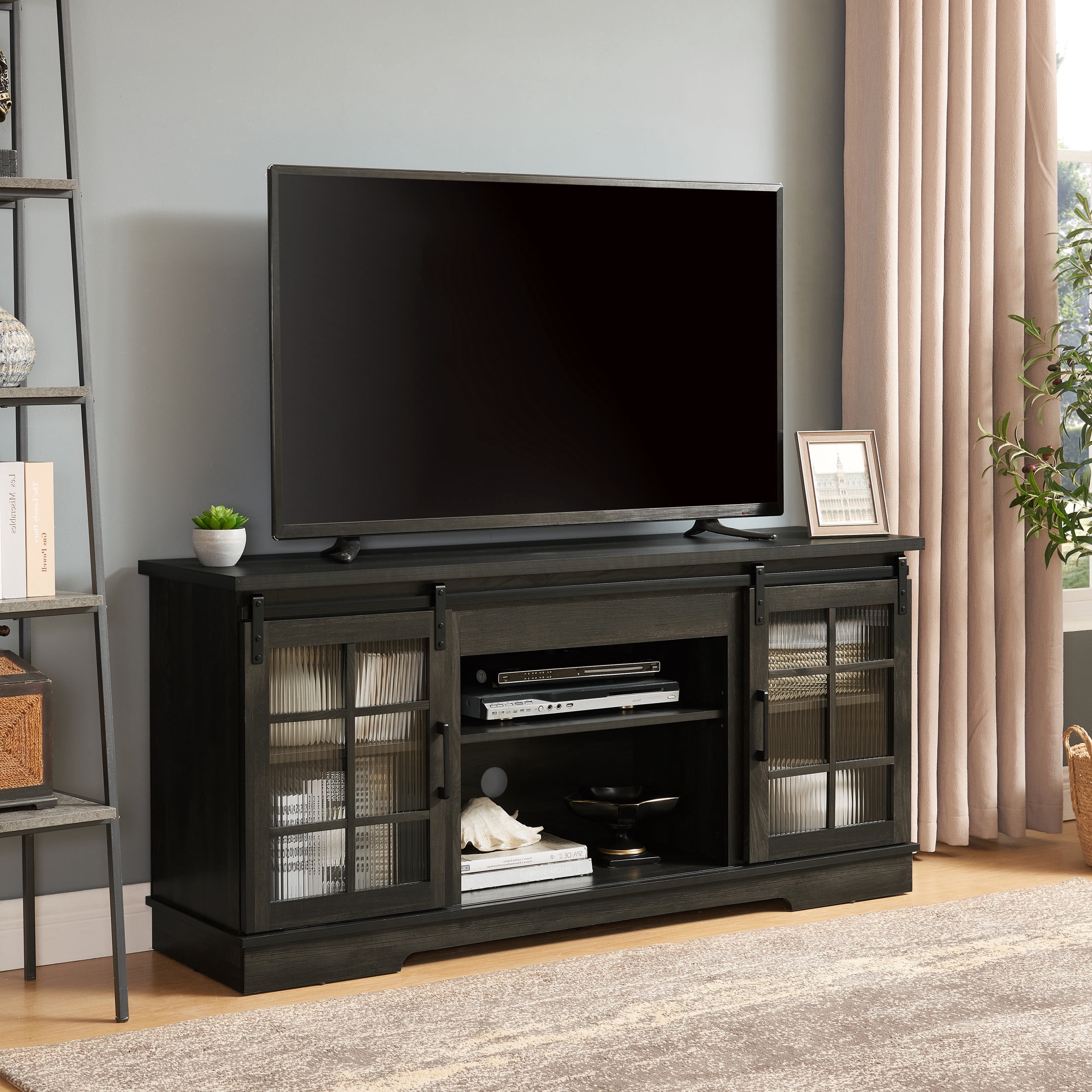 Aukfa Sliding Door TV Stand for TVs up to 65" with 2 Glass Doors for Living Room, Gray