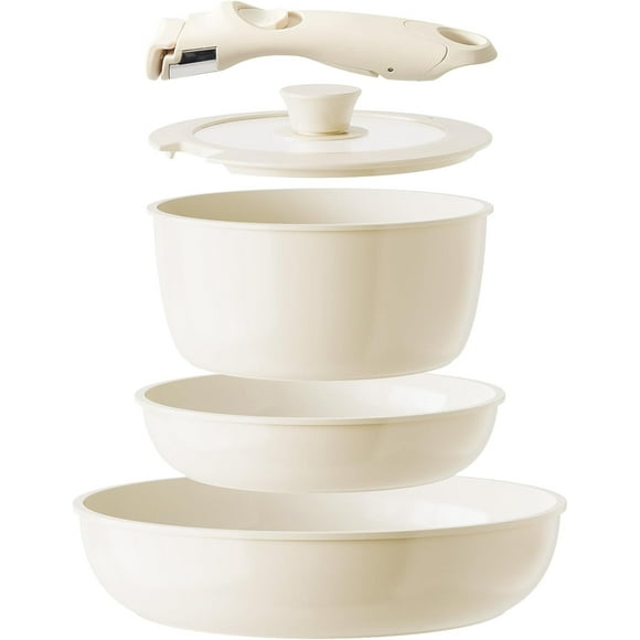 Ceramic Pots and Pans Set Non Stick, Nonstick Kitchen Cookware Sets, Non Toxic Pots and Pans Set Non Stick, PFAS PFOA & PTFE Free, Detachable Handle Pots and Pans 5 Piece, RV Cookware