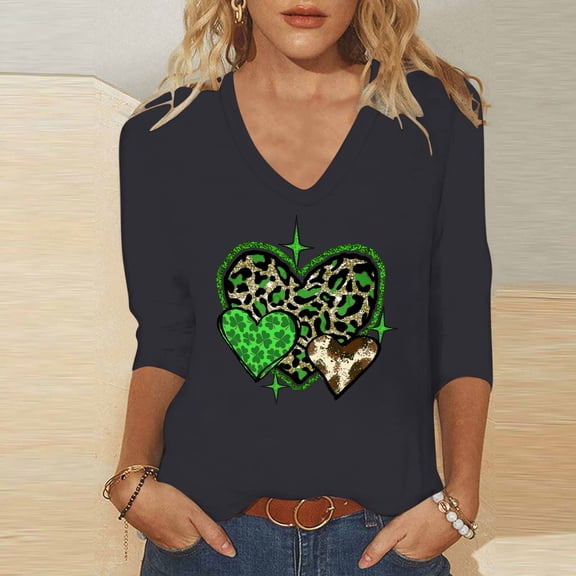 PNTUTB Women's Casual Comfortable T Shirts Fashion St.Patrick's Day Printed 3/4 Sleeve V Neck Blouse