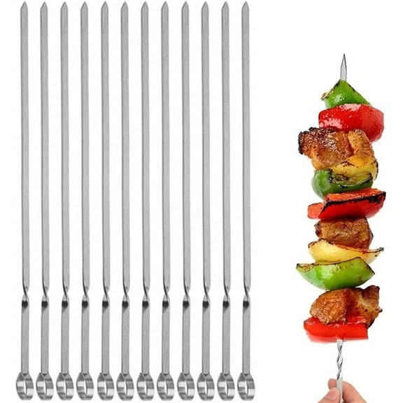 12PCS Kabob Skewers Flat Metal BBQ Barbecue Skewer 15" Long Stainless Steel Shish Kebob Sticks Wide Reusable Grilling Skewers Set for Meat Shrimp Chicken Vegetable, 12 Pack