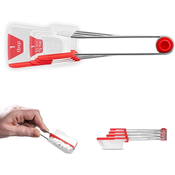 Levoons Self-Levelling Measuring Spoon Set, Measures 1/4 Teaspoon up to 1 Tablespoon - Pack of 4, Red