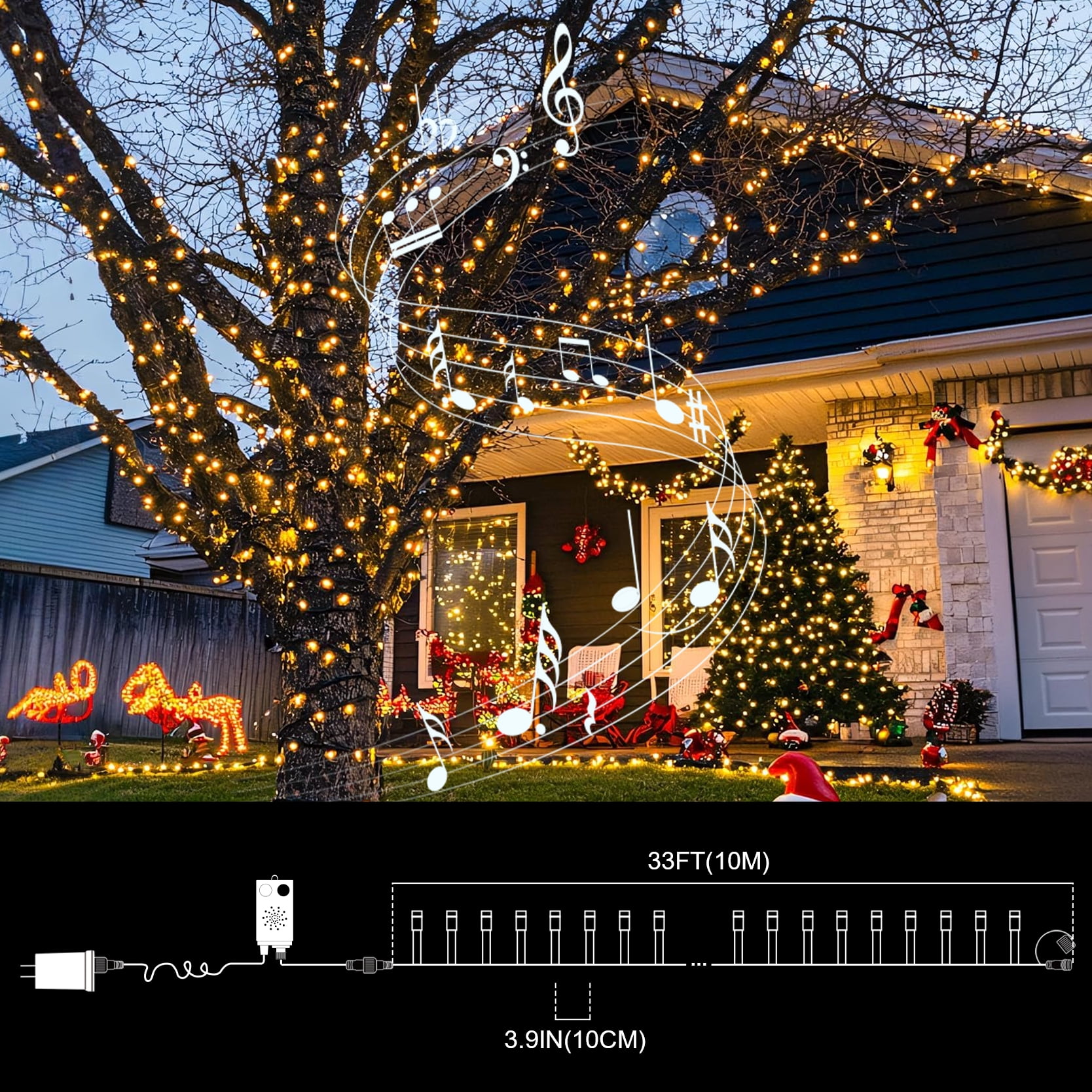LAMPHOME 33ft Music Christmas Mini Lights (Green Wire),100 LED Fairy Starry String Light Plug in for Indoor Outdoor Xmas Tree Wedding Party Decoration (Yellow)