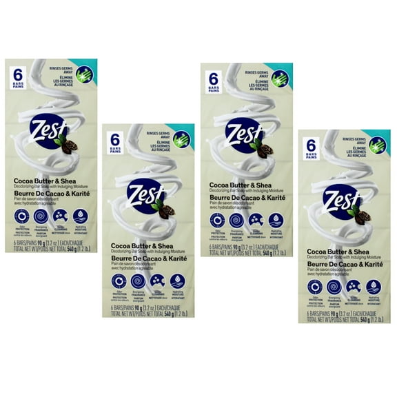 4 Pack of Zest Bar Soap Cocoa Butter & Shea, 3.2 Ounce, 6 Count Deodorizing Bar Soap with Indulging Moisture