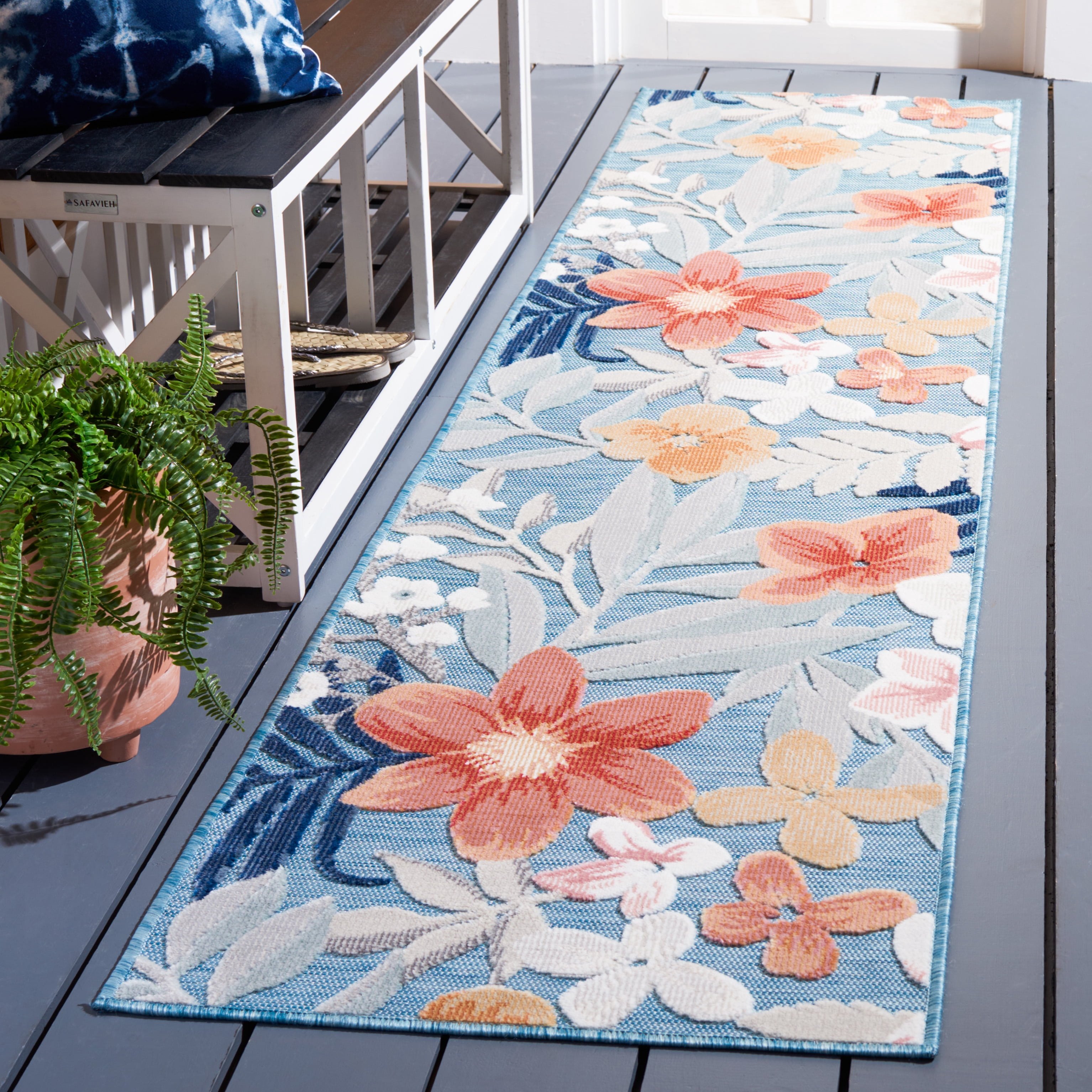 SAFAVIEH Cabana Caris Floral Indoor/Outdoor Runner Rug, Aqua/Rust, 2' x 5'