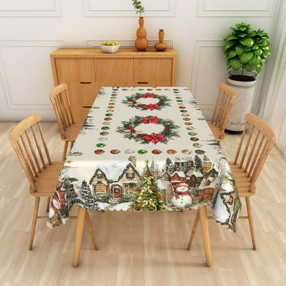 Nanqianyi Winter Christmas Village 60'' x 84'' Rectangular Tablecloth, Snowman Wreaths Xams Decor for Kitchen Dinner