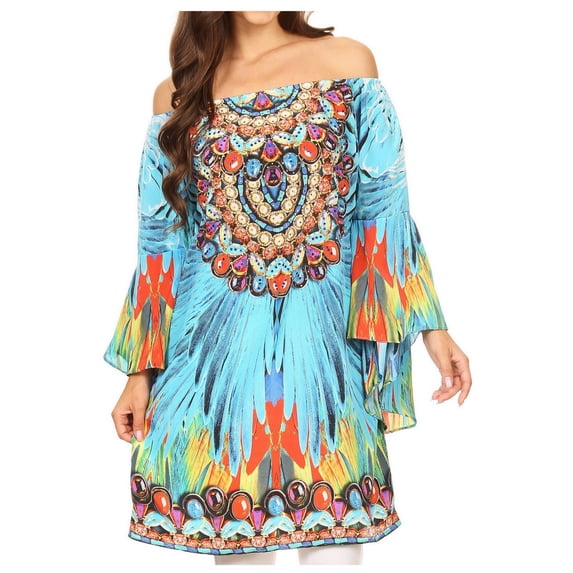Sakkas Inna Colorful Shift Dress Tunic with Bell Ruffled Sleeves & Rhinestones - FT90-Turq - One Size