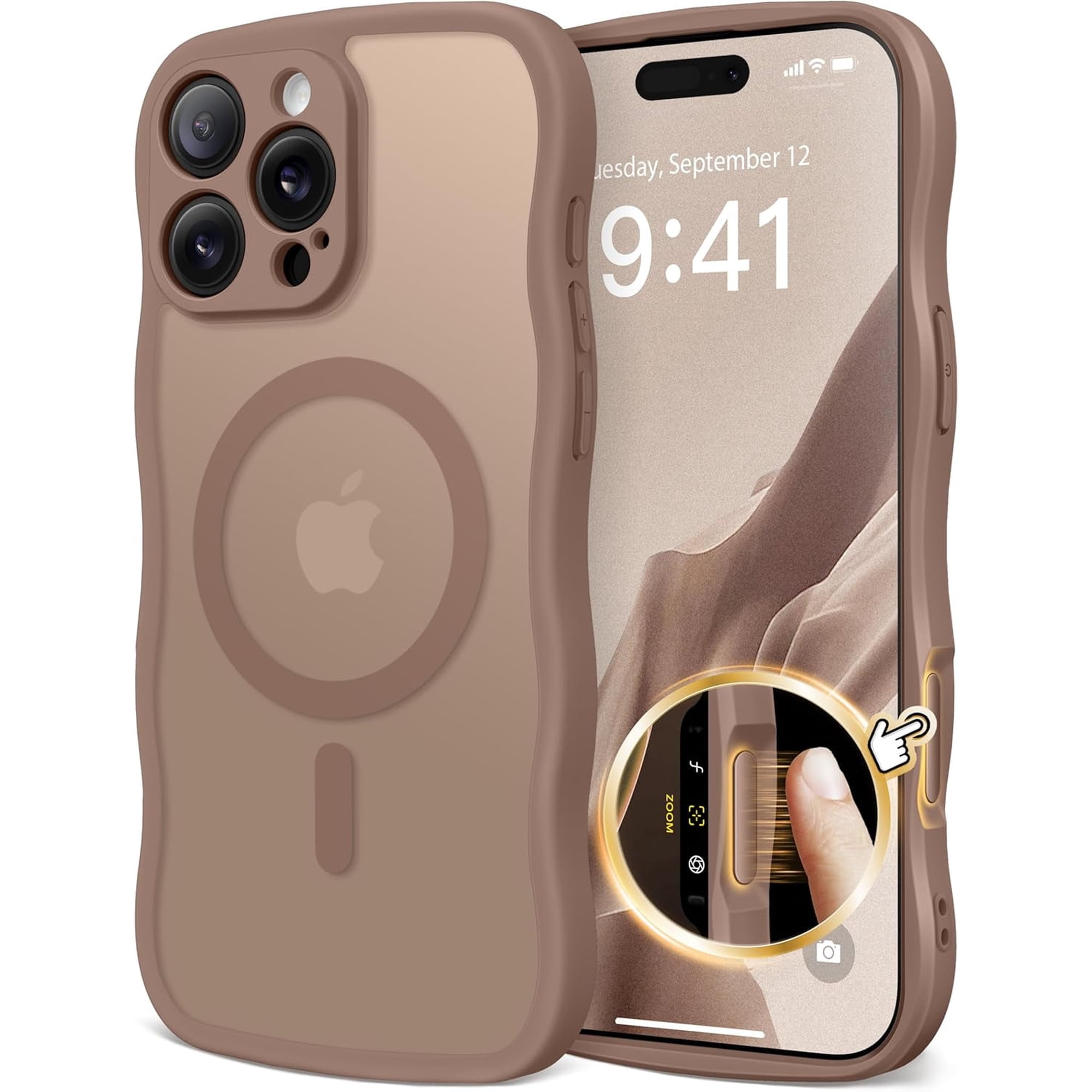 iPhone 16 Pro Max Case for Women Girls, Upgraded [Full Camera Protection] [Compatible with MagSafe] Cute Wave Translucent Matte Phone Case for iPhone 16 Pro Max, Brown