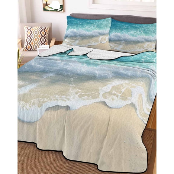 Aqua Blue Beach Queen Size Down Alternative Comforter, Lightweight Comforter Quilt Bedding Set with Pillow Shams Coastal Seawaves Sand Shore Scenery All Seasons Bed Comforter Duvet Insert 90"x96"