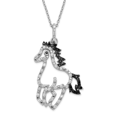Diamond2Deal 925 Sterling Silver Rhod-plated White and Black CZ Horse with 2.5 in ext. Necklace for Women 18.5"