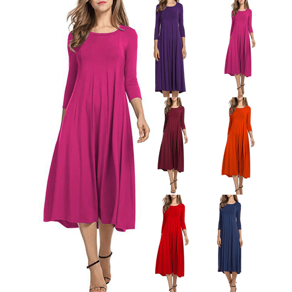 FEIIBMOYRIA Women's Round Neck Dresses Women Solid Color Soft Cotton Long Sleeve Midi Dresses Casual Loose High Waist A‑Line Holiday Daily Office Commute Outwear Dresses
