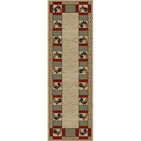 Rug Empire Rustic Lodge Rooster Area Rug, Beige, 2`3" W x 7`7" L