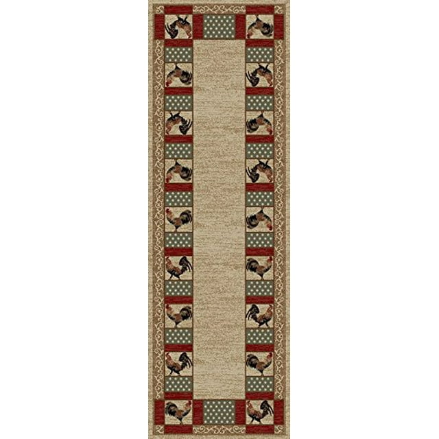 Rug Empire Rustic Lodge Rooster Area Rug, Beige, 2`3" W x 7`7" L