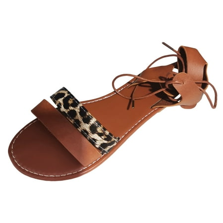 ZHAGHMIN Flip Flops Comfortable Thong Sandals Size6.5 Womens Lace-Up Ankle Strap Strappy Flat Bottom Large Size Sandals Pu Leather Open Toe Dressy Sandals Brown