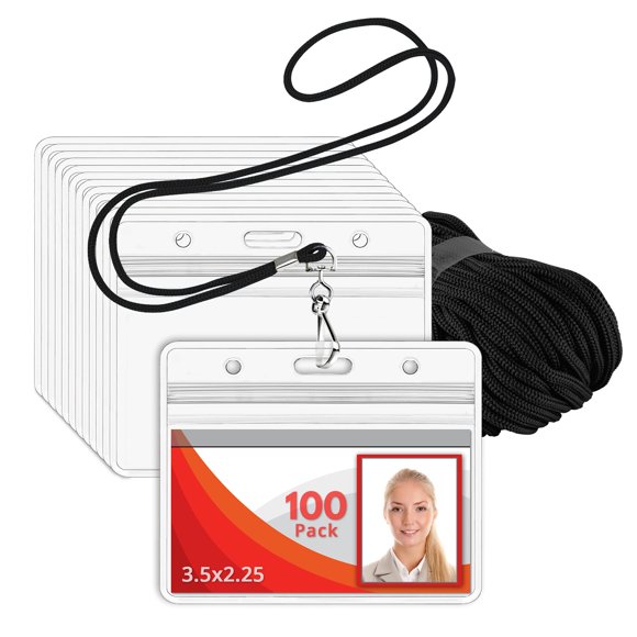 MIFFLIN Lanyard (Black, 3.5x2.25 inch, 100 Pack) with Clear Plastic Horizontal ID Badge Holder, Heavy Duty Name Pouch with Soft, Woven, Neck Lanyards