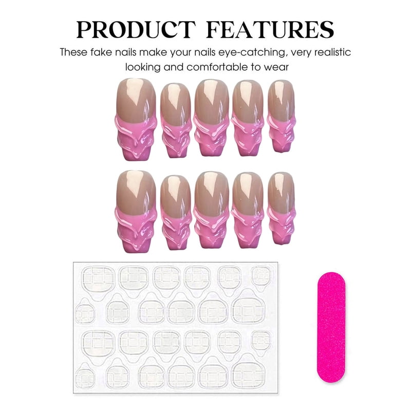 10pcs Pink French Press On Nails Nude Color Handmade False Nails With 3D Strip Designs Medium T Coffin Ballet Wearable Manicure