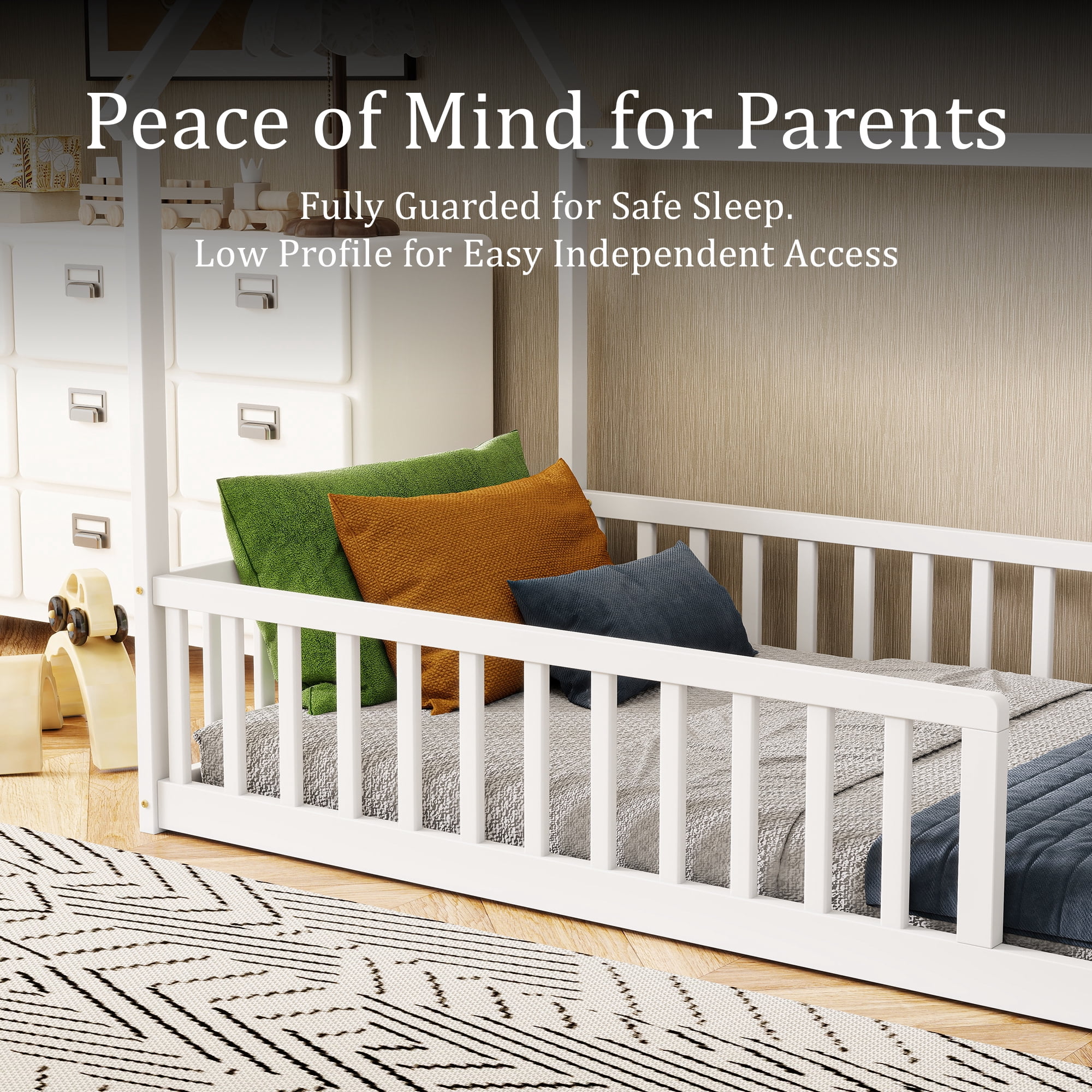 Twin White House Floor Bed with Full Safety Fence, Solid Pine Wood Montessori Kids Playhouse Bed Frame No Box Spring Needed Max 250 LBS for Toddler Bedroom Nursery