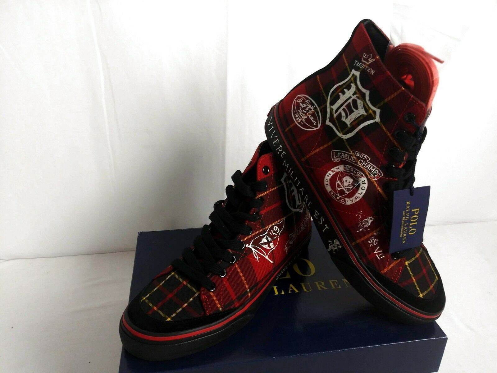 NIB Polo Ralph Lauren Solomon Downhill Skier Sneakers Red Multi Tartan  Shoes 8.5