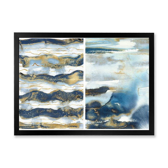 Designart 'Gold and Dark Blue Abstract Waves II' Modern Framed Art Print