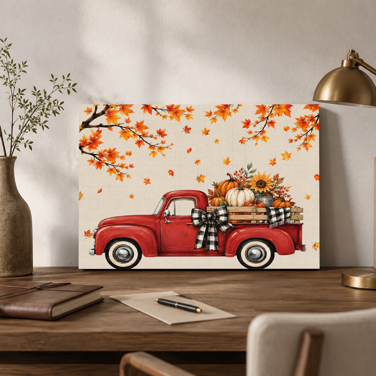 Thanksgiving Red Truck Canvas Wall Art Fall Country Vintage Maple Leaf Pumpkin Bow Wall Art Prints Artwork Framed Canvas Ready to Hang Art Pictures for Bathroom Nightstand Narrow Hallway 14 x 11