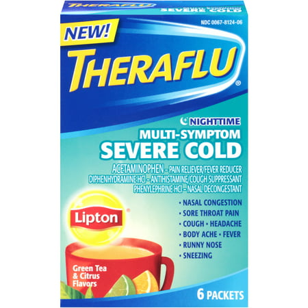 Theraflu Rhume et grippe secours Nighttime Multi-Symptom sévère à froid avec Lipton Saveurs, liquide chaud en poudre, thé vert et Saveurs d'agrumes 6 Packets