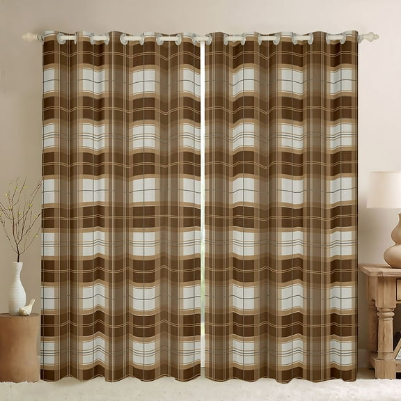 Homewish Classic Geometric Plaid Black Out Curtains,Modern Geometric Curtains Pack of 2 (42x63 Each),Brown Grid Bedroom Curtains For Boys Kids,Super Cozy Room Decor
