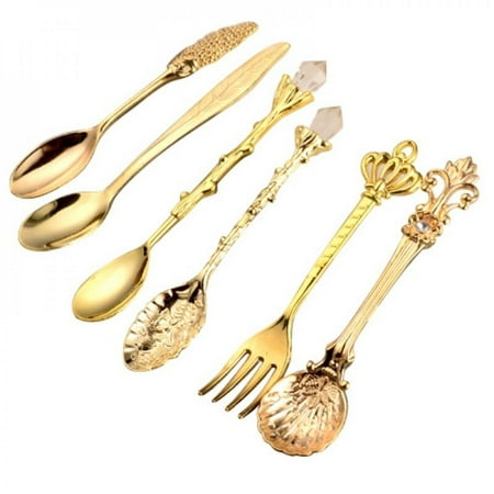 

Moresave 6Pcs/set Retro Spoon and Fork Set Dessert Spoons Coffee Spoon Teaspoon Metal Carved Fruit Spoons for Kitchen Dining Bar Gold