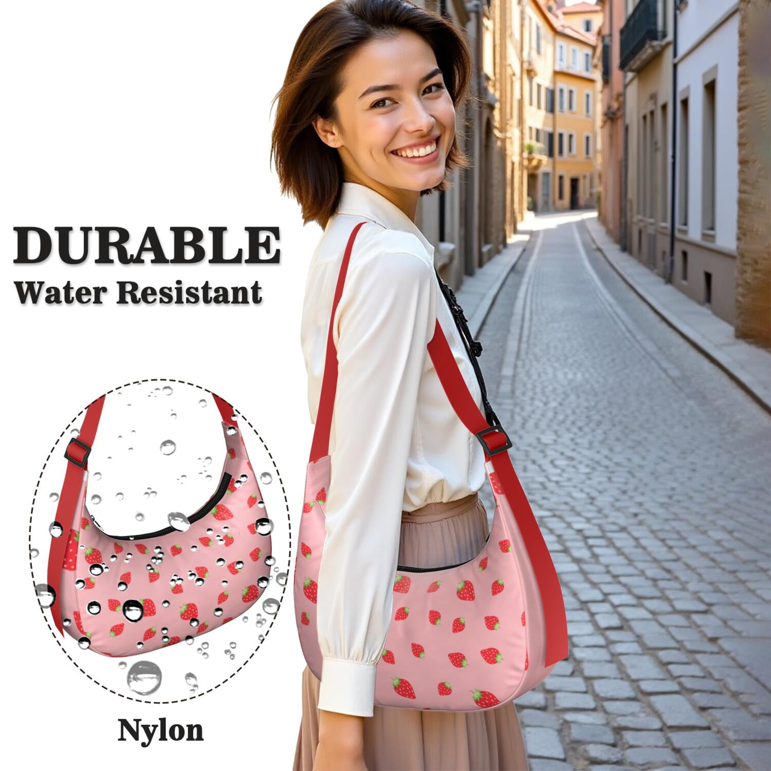 Fruity Strawberry Lover Shoulder Bag for Women, Cute Red Print Crossbody Purse, Lightweight Water-Resistant Hobo Tote, Sweet Summer Berry Handbag