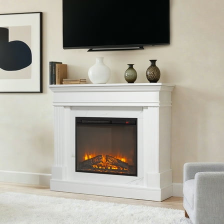 Innoflame 44" Electric Fireplace with Mantel, Freestanding Electric Fireplaces with Faux Marble, Remote, Timer, Adjustable Thermostat & Flame Brightness, White Fireplace for Living Room, 1400W