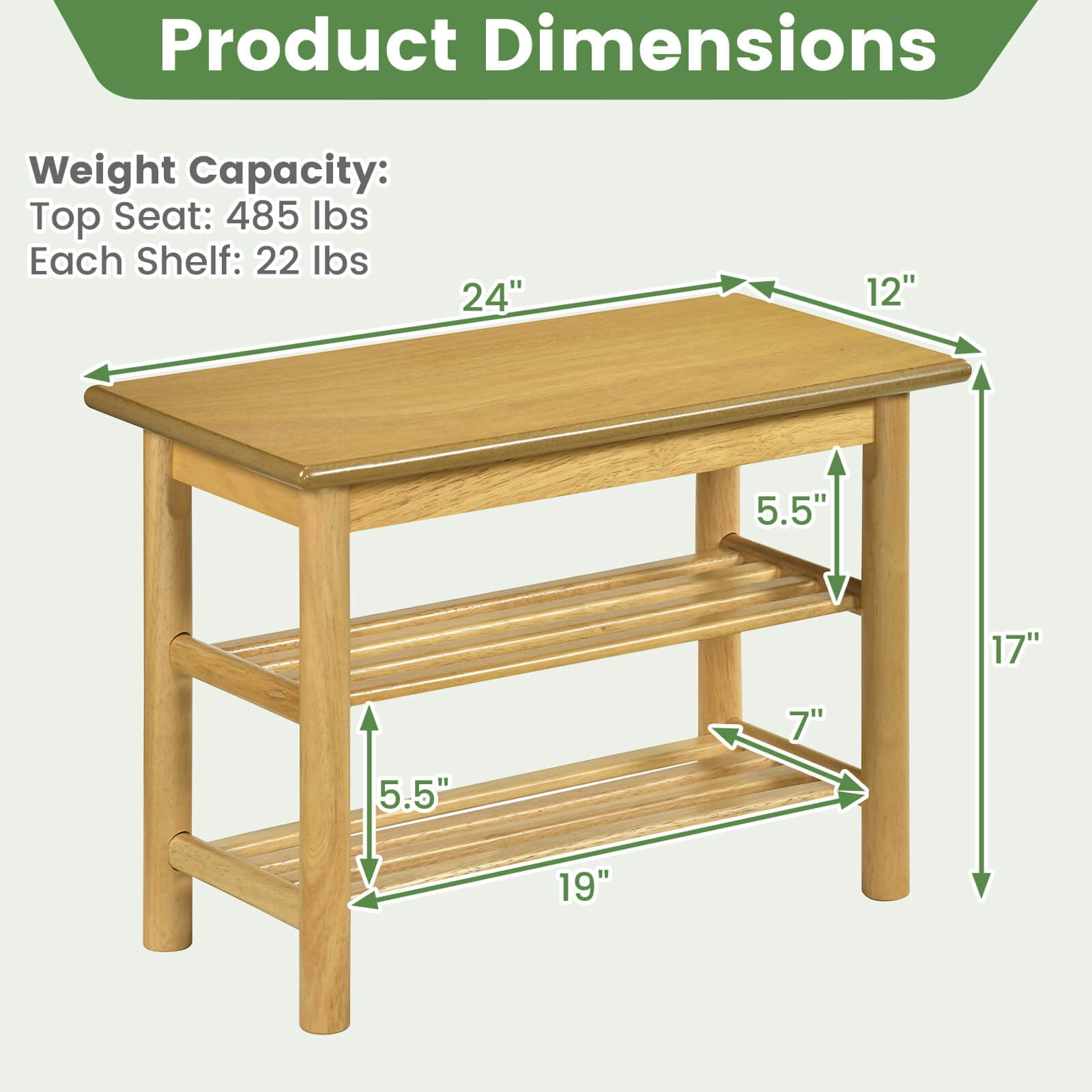 Costway Shoe Rack Bench,3-Tier Rubberwood Freestanding Shoe Changing Bench with Slat Shelve