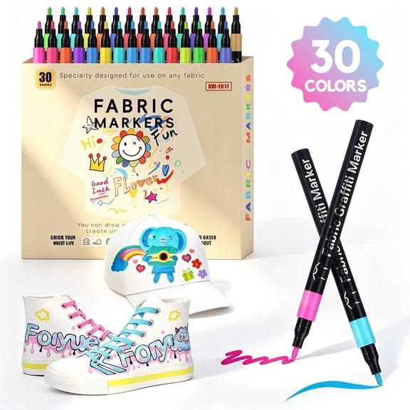 GOPGOY 30 Colors Fabric Markers for Clothes and Textiles, Permanent No-Bleed Fabric Paint Pens for T-Shirts, Bags, Canvas, Shoes, DIY Crafts & Textile Art