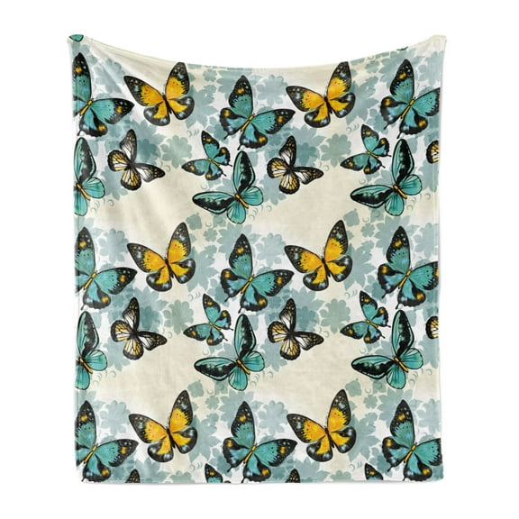 Butterfly Soft Flannel Fleece Blanket, Romantic Design Illustration with Bicolor Insects on Floral Silhouettes, Cozy Plush for Indoor and Outdoor Use, 60" x 80", Eggshell Multicolor, by Ambesonne