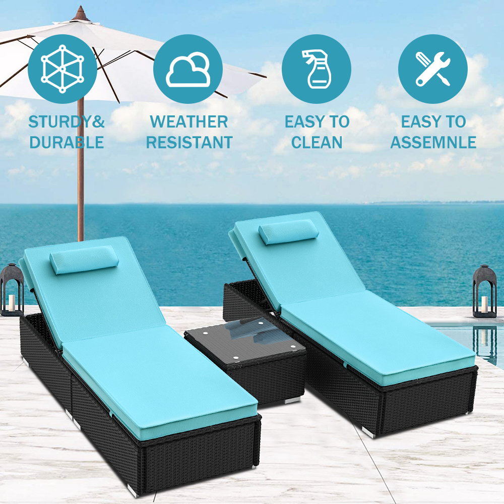 3-Piece Outdoor Patio Furniture Set Chaise Lounge, Patio Reclining Rattan Lounge Chair Chaise Couch Cushioned with Glass Coffee Table, Adjustable Back and Feet, Lounger Chair for Pool Garden, Blue - image 3 of 12