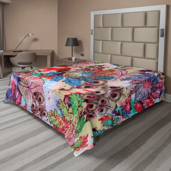 Ambesonne Colorful Flat Sheet, Peacock Feather Animal, Queen Size, Green Blue Red