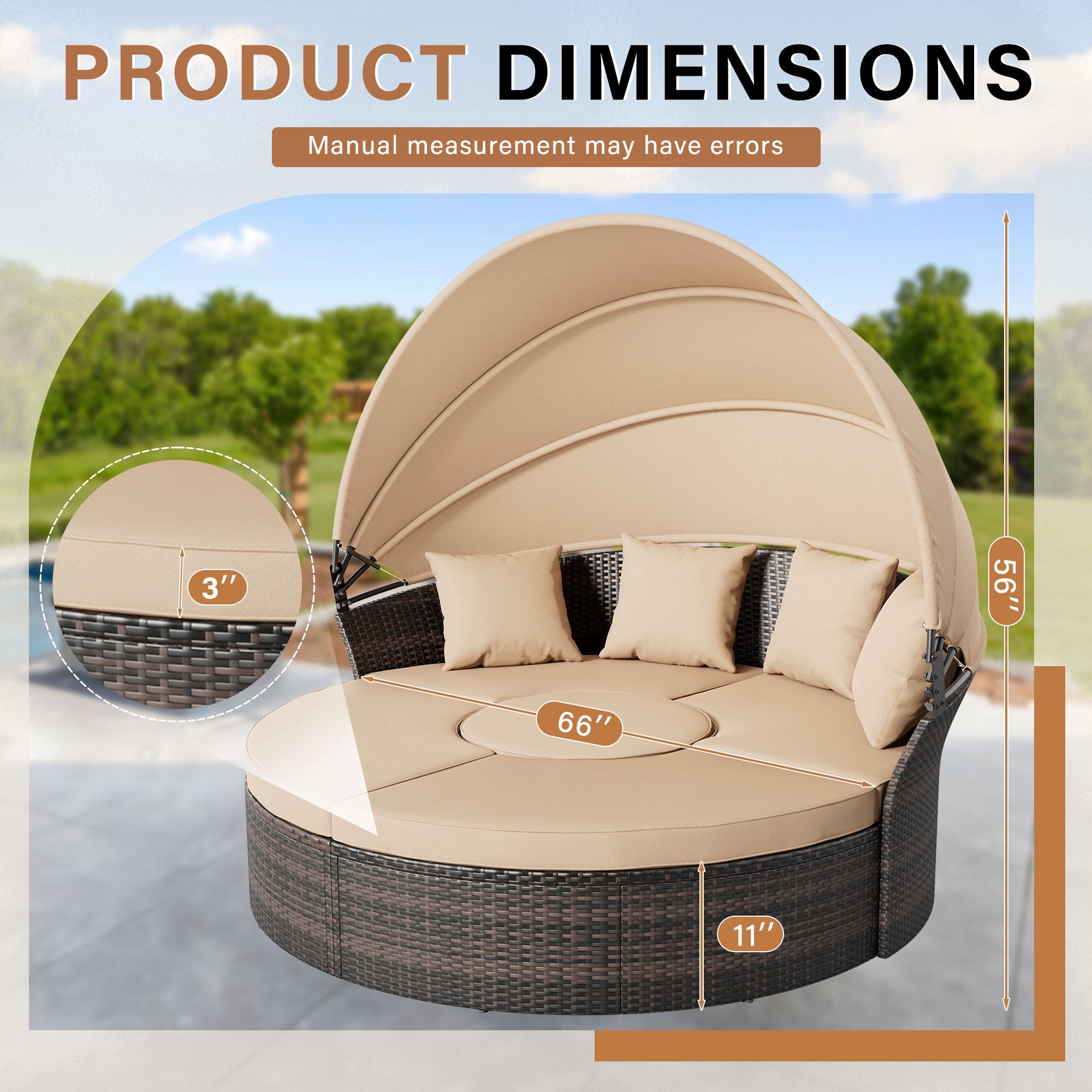 SUNCROWN Outdoor Rattan Round Retractable Canopy Daybed Patio Sofa Furniture Brown Clamshell Sectional Seating with Washable Cushions