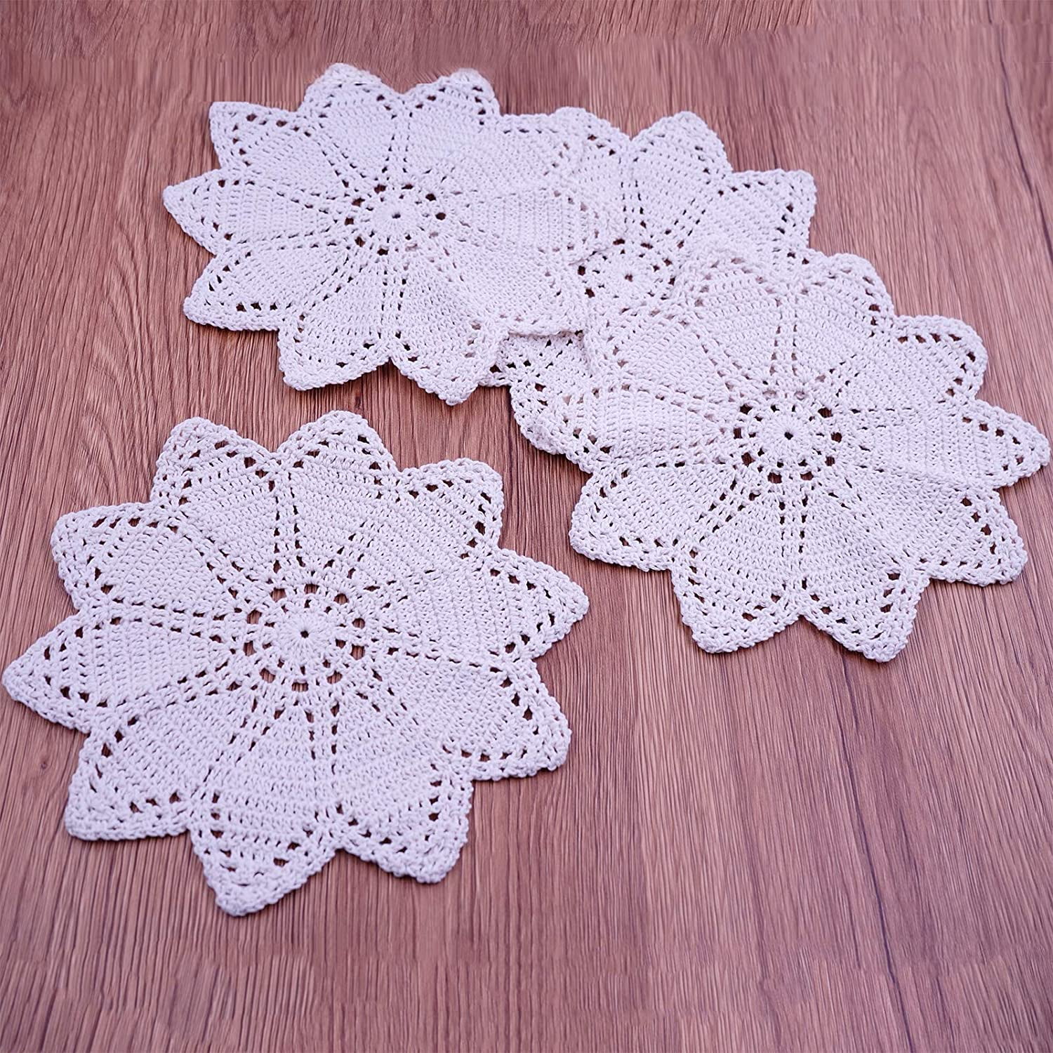 8 Inch Doilies Crochet Round Lace Beige Handmade Cotton Coasters Pack Of 8 