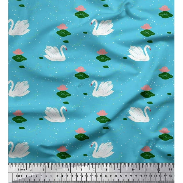Soimoi Blue polyester Crepe Fabric Leaves,Lotus & Swan Bird Print Sewing Fabric Yard 42 Inch Wide