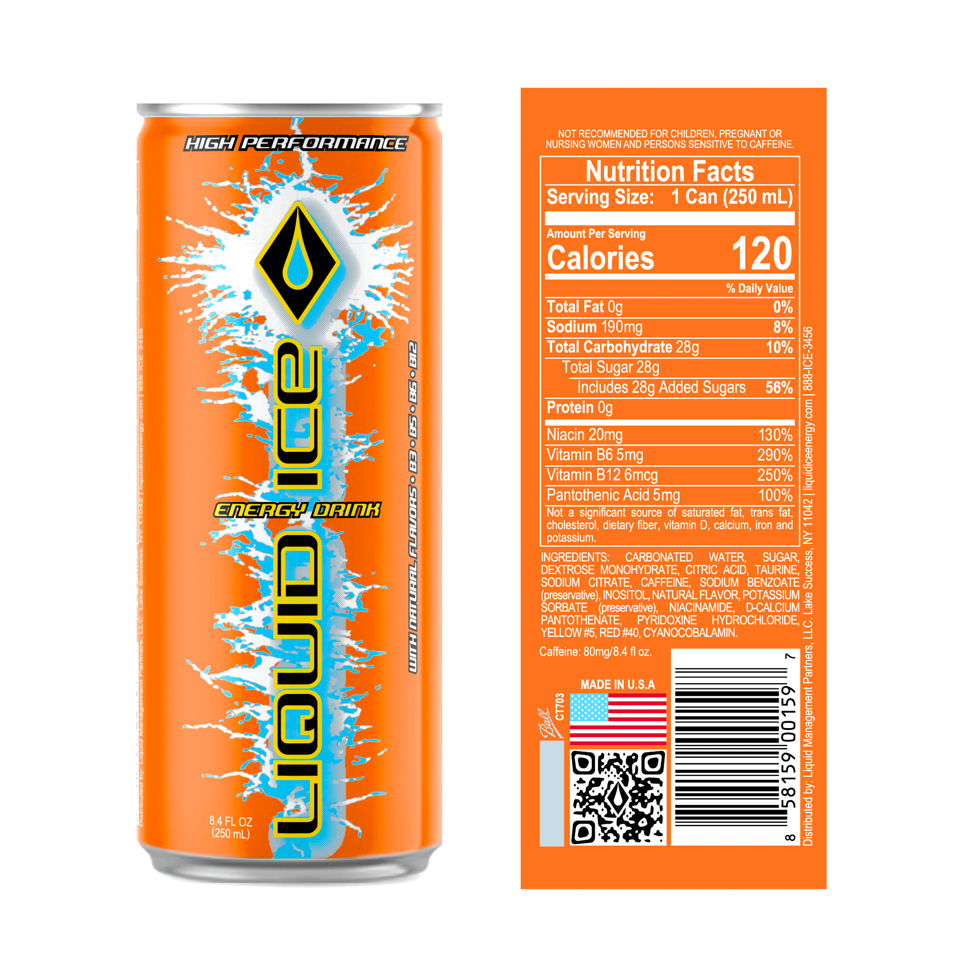 Liquid Ice Energy Drink, Citrus Pop, with 80mg Caffeine plus Taurine & B-Vitamins, Real Sugar, 8.4 Fl Oz, Pack of 24 Cans
