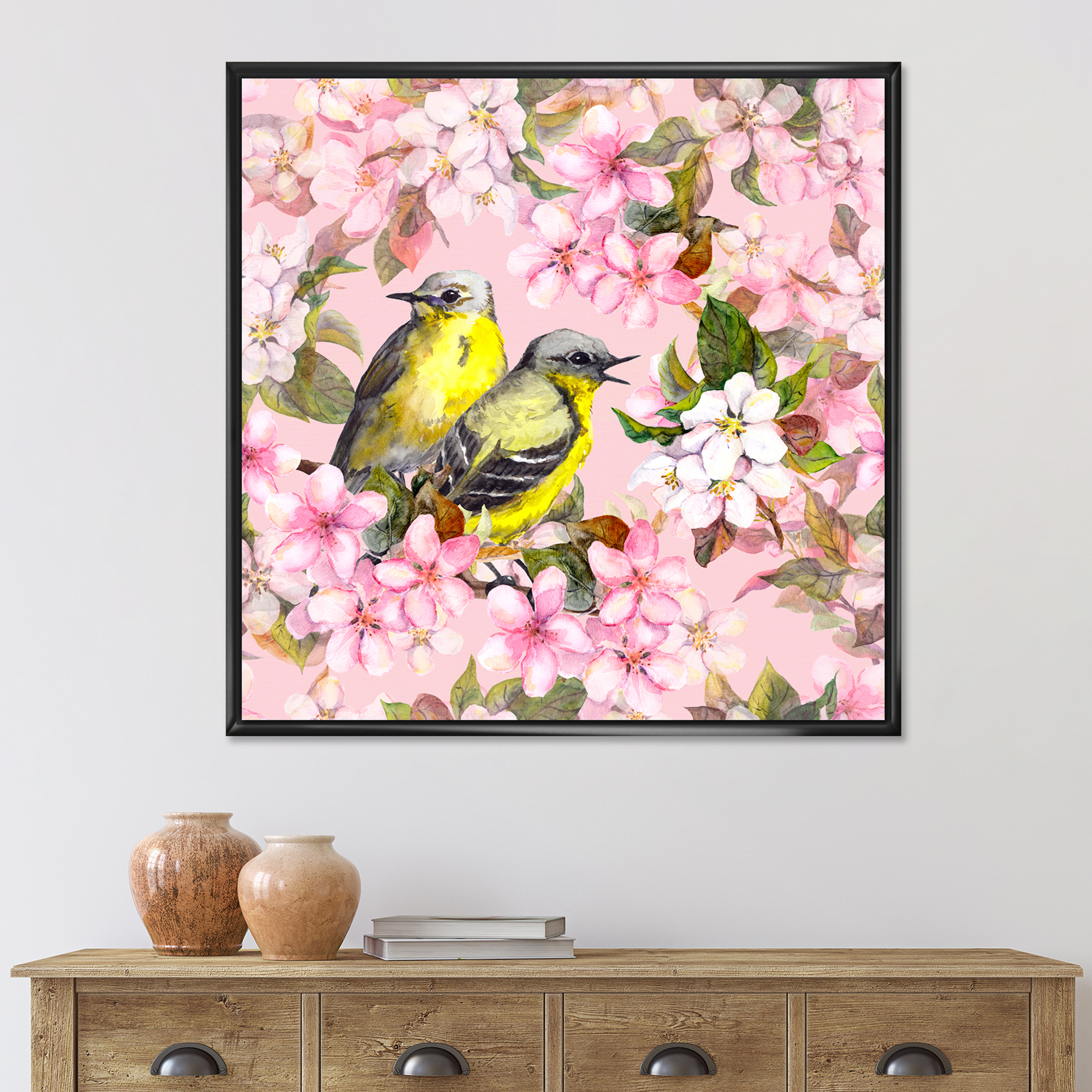 Birds On Pink Cherry Sakura and Apple Flowers I 30 in x 30 in Framed Painting Canvas Art Print, by Designart