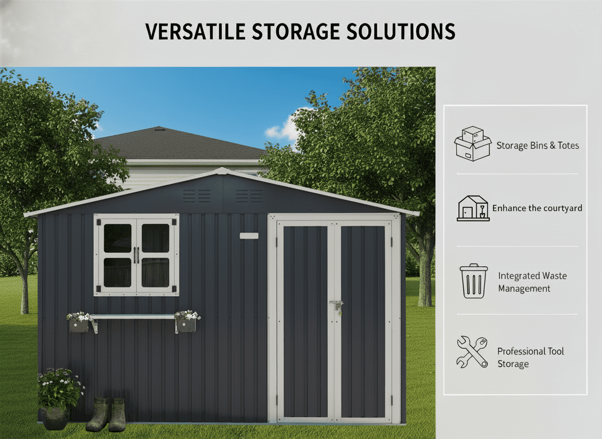 Mintazer 10×8ft Metal Outdoor Storage Shed with Lockable Door & Window, Weatherproof Garden Tool Shed with Flower Baskets, Coal Gray