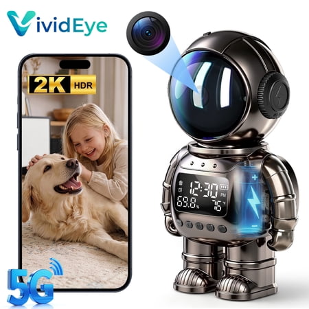 VividEye 2K Smart Astronaut Clock Camera, Indoor Cameras for Home Security, Nanny Wireless WiFi Camera with 5G & 2.4G, 2-Way Talk, Starlight Night Vision, 24/7 Loop Recording for Baby Pet Home Office