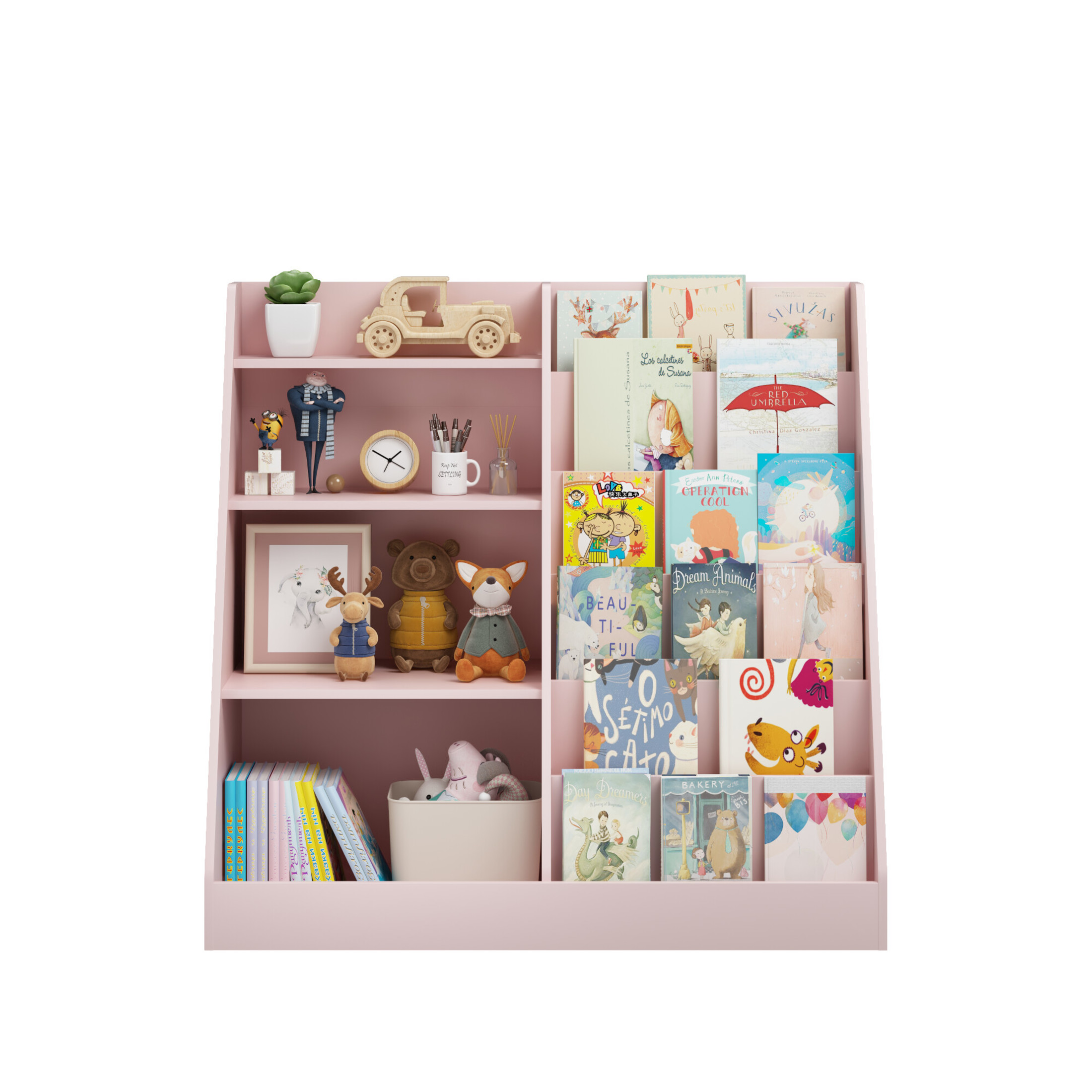 Noble House Aldo 4-Tier Wooden Bookshelf, Multifunctional  Toy Storage Organizer in Kids Room, Display Stand, Pink