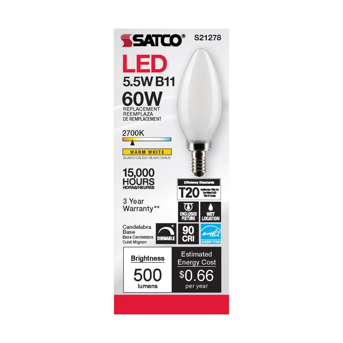SATCO S21278 5.5W 120V B11 2700K 500 Lumen LED E12 Candelabra Base Light Bulb Dimmable (6 Pack)