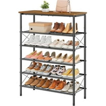 6 Tier Free Standing Shoe Rack for 20-24 Pairs, X Shape Fixed Frame Metal Mesh Shoe Rack for Closet, Rustic Brown & Black