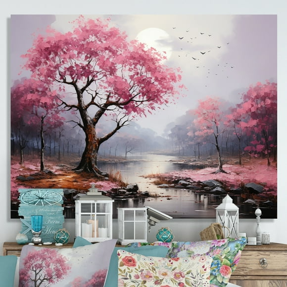 Designart Forest Wall Art, Pink Forest magic Resilience Pointillism , Forest Large Wall art decor, Pink Traditional Canvas wall art, 32x24 inches