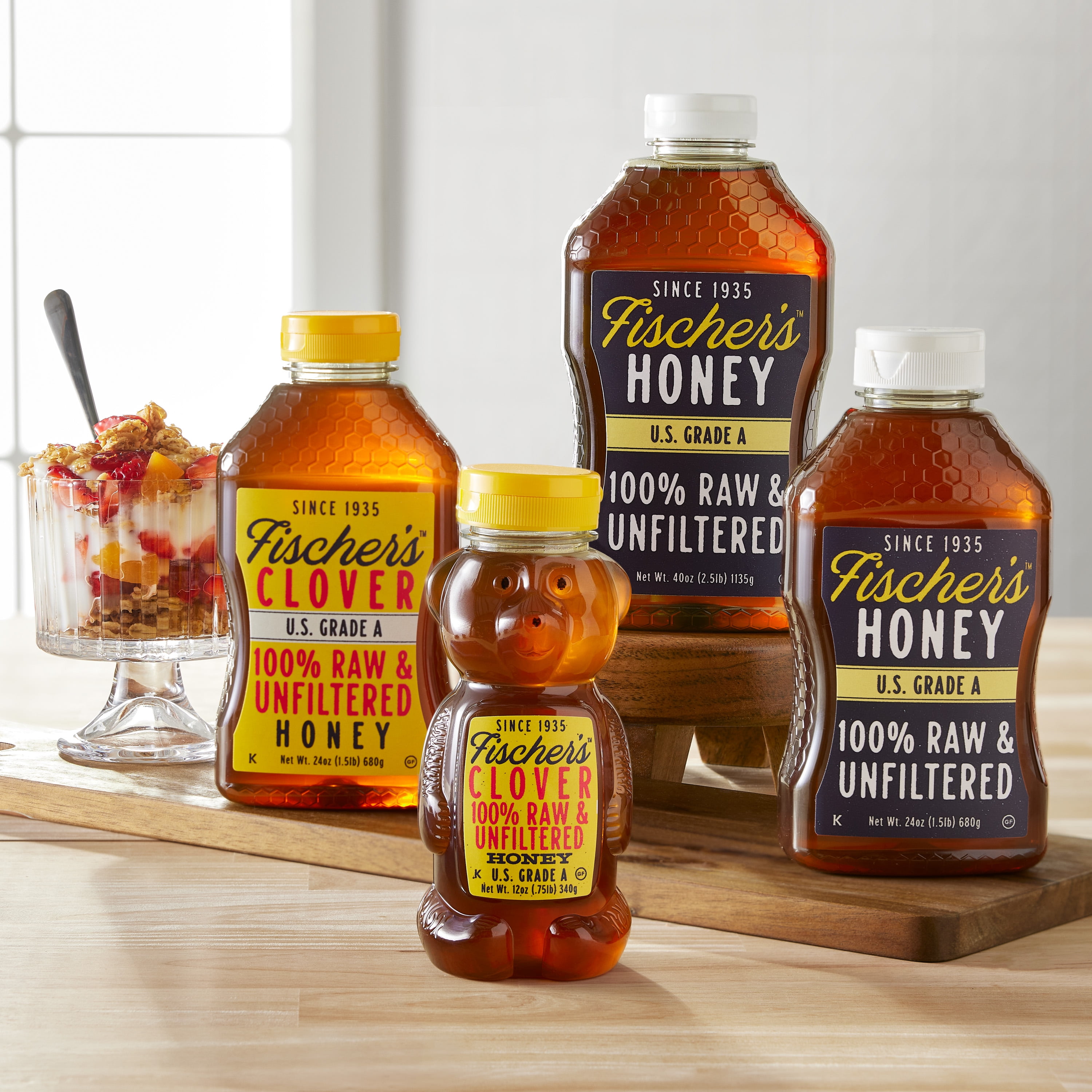 Fischer's Honey Bear 12oz, Clover Honey, Raw, Unfiltered, 100% Pure, Bear Squeeze Bottle