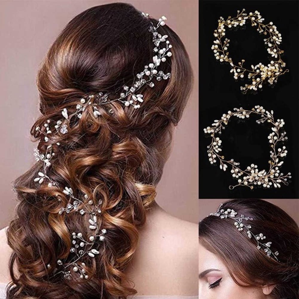 Meidiya Bride Wedding Rhinestone Pearl Braided Hair Vine Bridal Silver