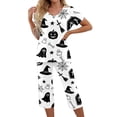 thumbnail image 3 of Women's Halloween Pajama Set Short Sleeve V Neck Top and Cropped Pants Lightweight Breathable Lounge Outfit with Pumpkin Print Casual Sportswear for Daily Wear White L, 3 of 6