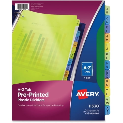 Avery Preprinted Plastic Dividers, 12-Tab Set, A-Z, Multicolor (11330) A-Z - 12 Tab(s)/Set - 8.5' Divider Width x 11' Divider Length - 3 Hole Punched - Multicolor Plastic Divider - Plastic Tab(s)